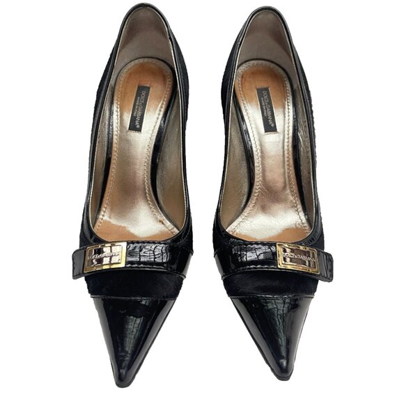 Dolce & Gabbana Logo decollete Pony Hair/Patent Leather Cap Toe Heels Pumps 7,5 - Picture 9 of 11